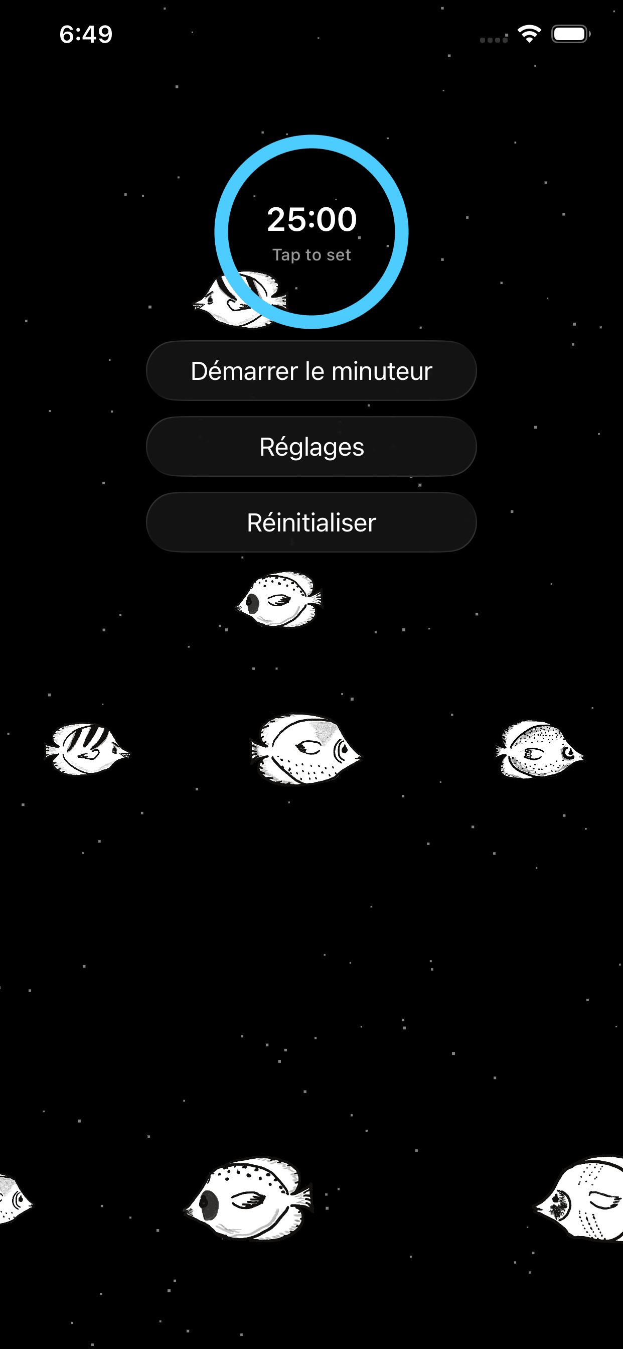 Menu principal de l'application Aquarium Zen: Retro montrant une minuterie de concentration de 25 minutes de style Pomodoro avec des poissons dessinés à la main nageant sur un fond noir