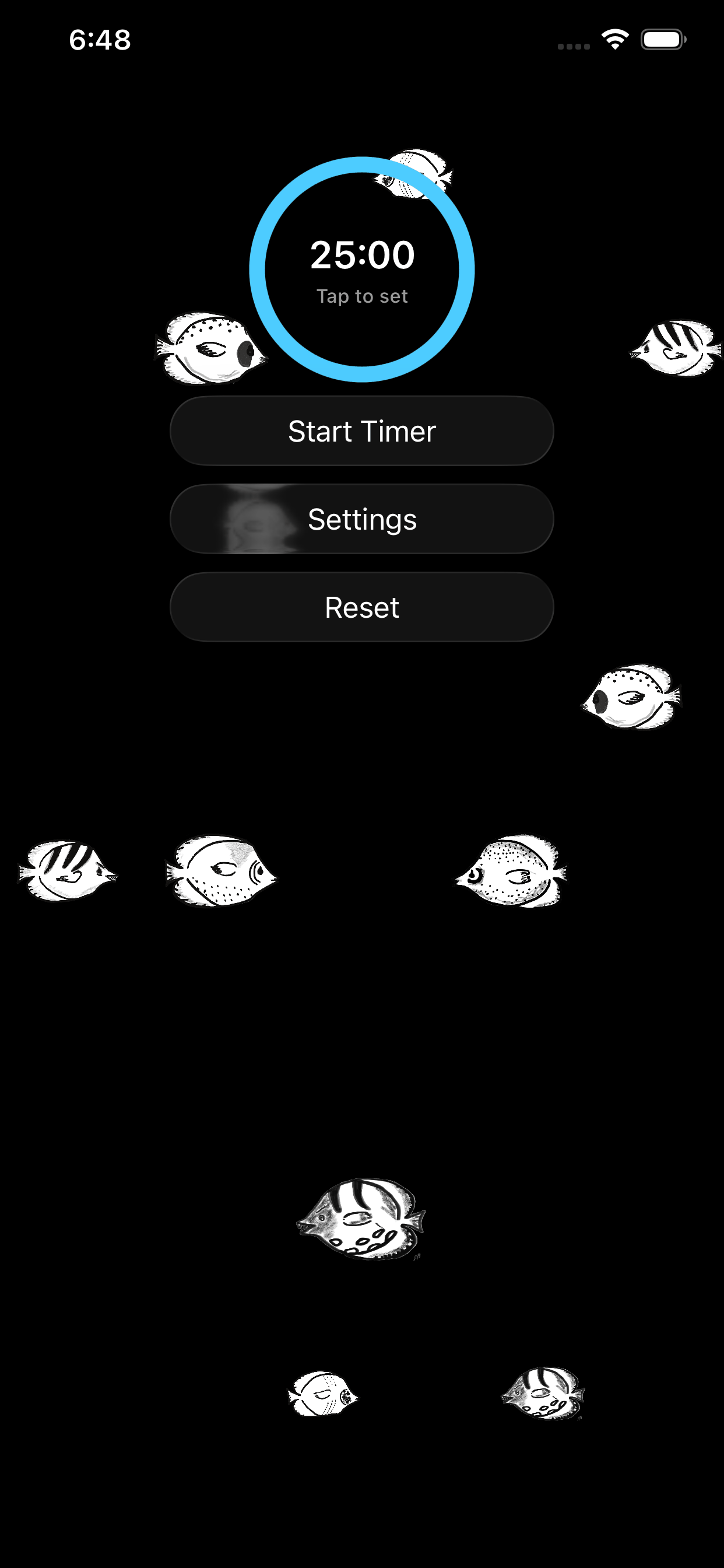Aquarium Zen: Retro app main menu showing a 25-minute Pomodoro-style focus timer with hand-drawn fish swimming on a black background